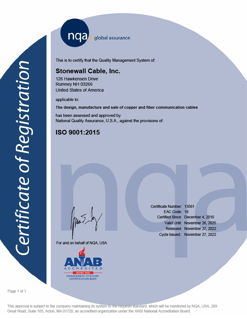 ISO 9001 Certification - Stonewall Cable, Inc.